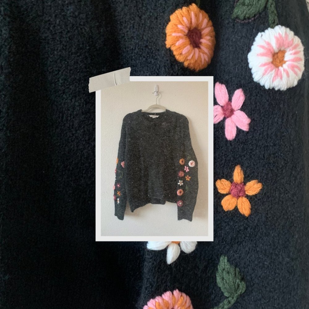 Black Knitted Sweater with Floral Embroidered Details on Sleeves Size Large